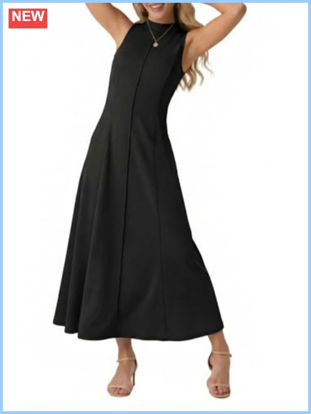Women's Mock Neck Sleeveless Flared Maxi Dress Pockets Stretch
